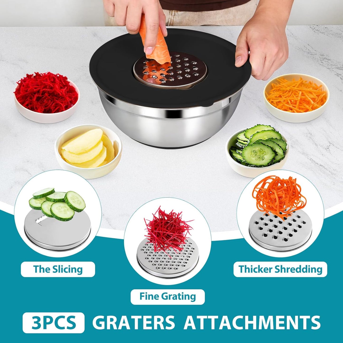 20-Piece Mixing Bowls Set with Airtight Lids – 6 Stainless Steel Kitchen Bowls (4.5QT, 4QT, 3.5QT, 2.1QT, 1.5QT, 1.1QT), 3 Grater Attachments, Non-Slip Silicone Bottoms, Perfect for Baking & Serving