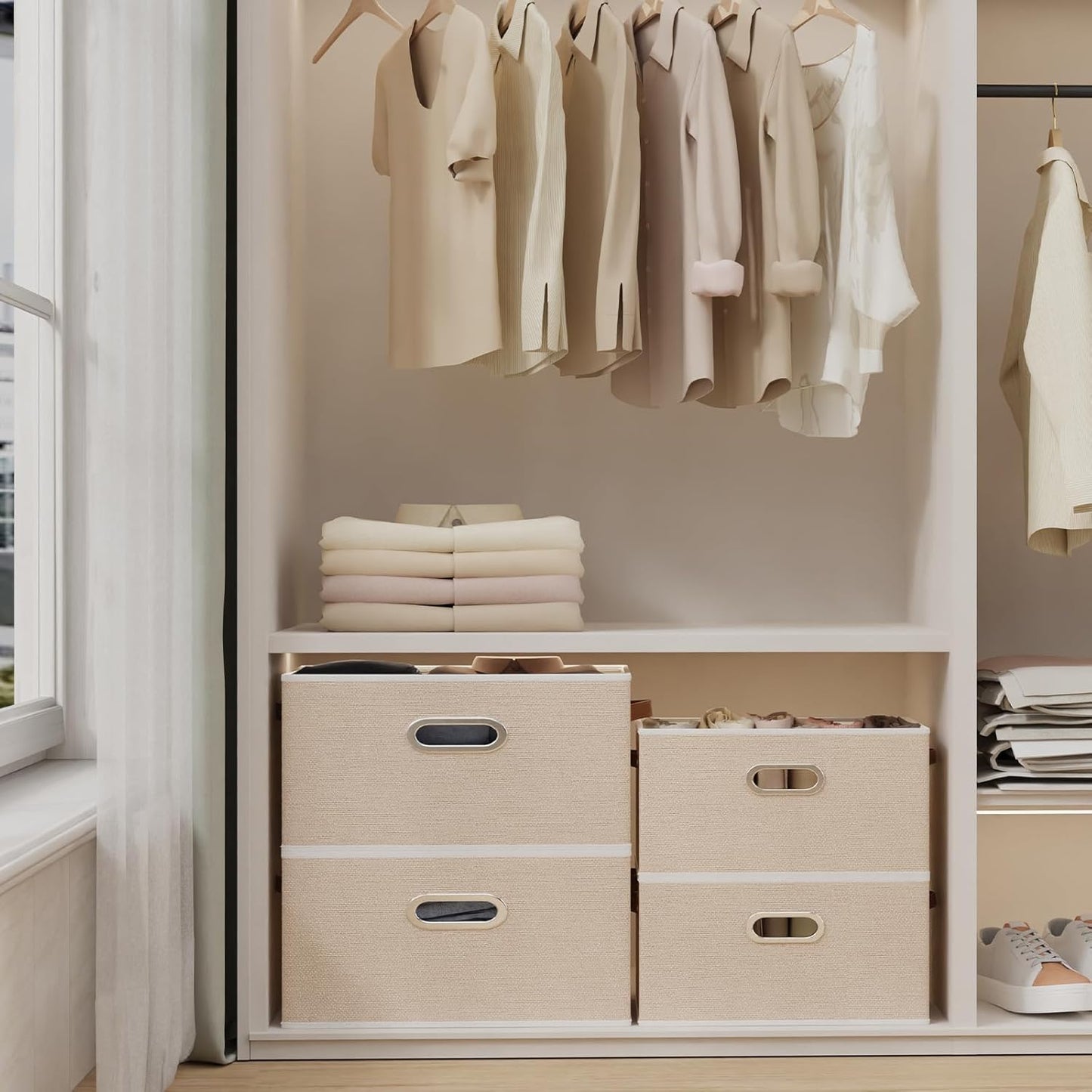 Yawinhe Fabric Storage Bins with Handles, Foldable Baskets for Shelves, Cubes with 3 Handles, Large Boxes for Clothes, Beige, 16.9''Lx11.8''Wx10.2''H, 4-Pack