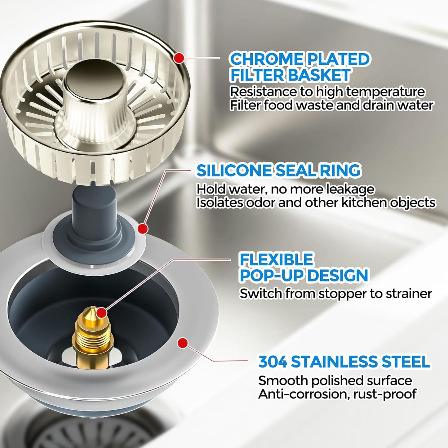 zaa Kitchen Sink Drain Strainer - Kitchen Sink Stopper, 304 Stainless Steel Sink Drain Stopper, Sink Protector for Kitchen with Anti-Clog Filter, Fit US Standard 3-1/2'' Sink Drain Hole, Nickel