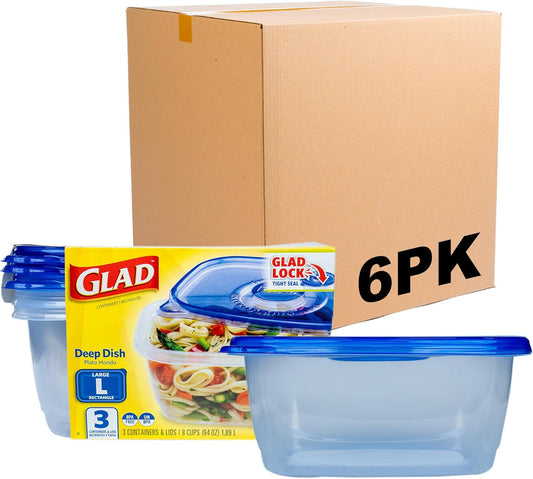 Glad GladWare Deep Dish Food Storage Containers, Large Rectangle - Meal Container Holds up to 64 Ounces of Food - Lock Tight Seal, 3 Count - 6 Pack
