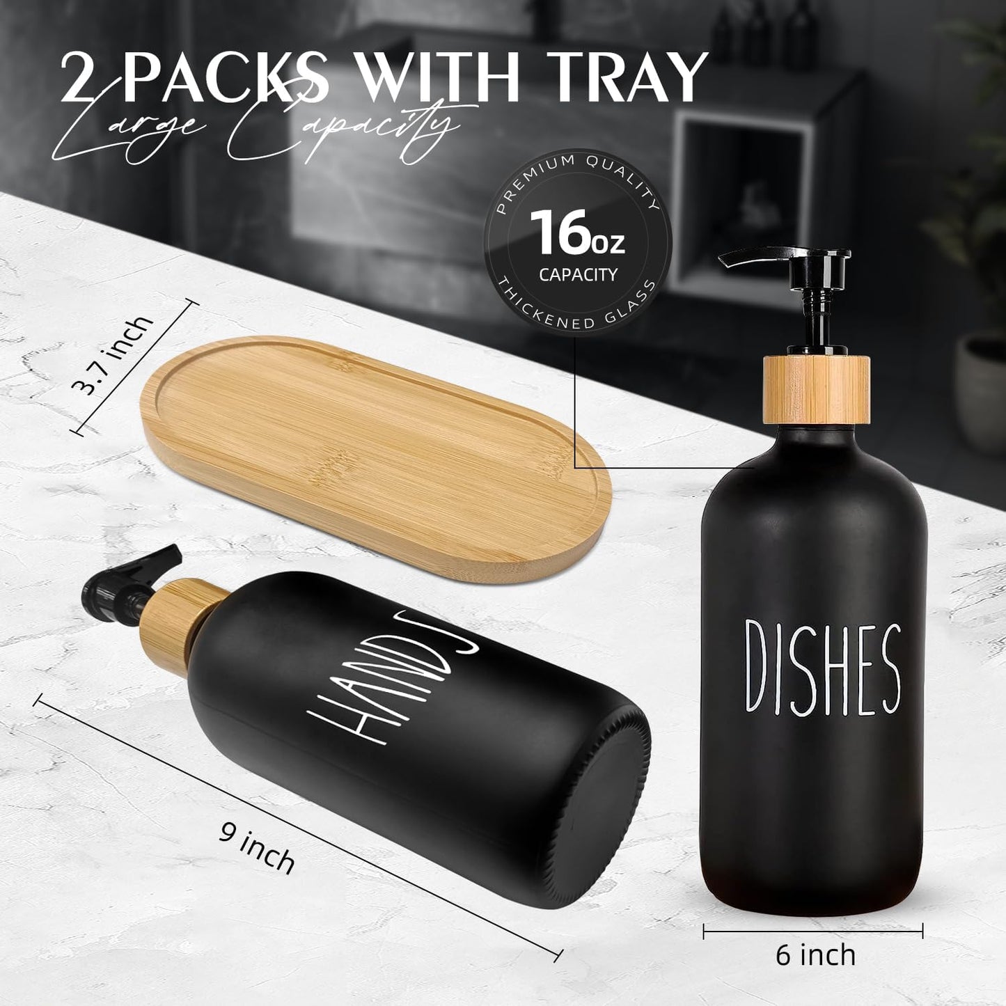 Arktek Glass Soap Dispenser Set with Tray, 2 Pack Hand and Dish Soap Dispenser Set for Bathroom and Kitchen Bottle Dispenser with Dish Soap, Hand Soap, Lotion 17 Oz (2 Black)