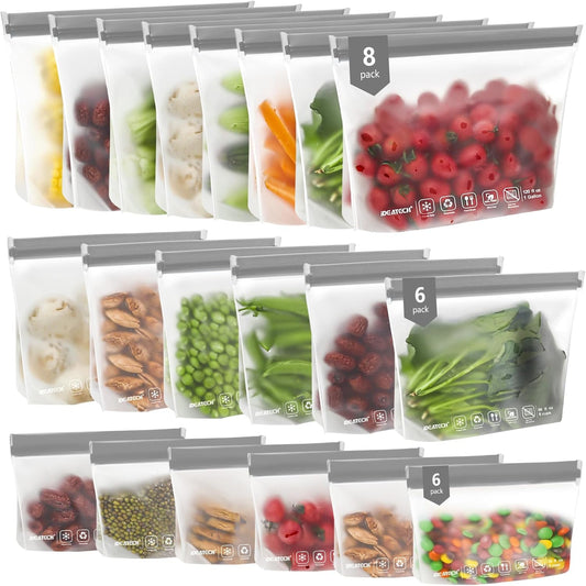 IDEATECH Food Storage Bags, BPA Free PEVA Reusable Gallon Freezer Bags, Reusable Sandwich Containers, Heallthy Food Bags Containers for Travel, Lunch(Grey, 24Pack-8Gallon+8Quart+8Snack)