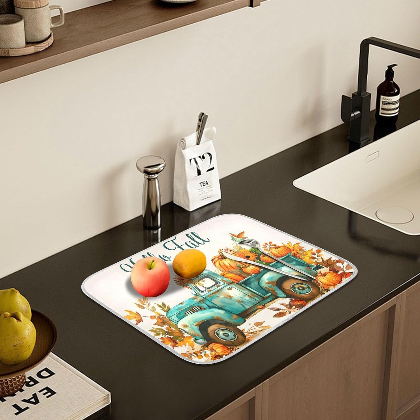 Vintage Fall Truck with Pumpkins Autumn Leaves Dish Drying Mat for Kitchen Counter Absorbent Microfiber Large Drying Pad Dish Mats for Kitchen Countertops 18 x 24 Inch