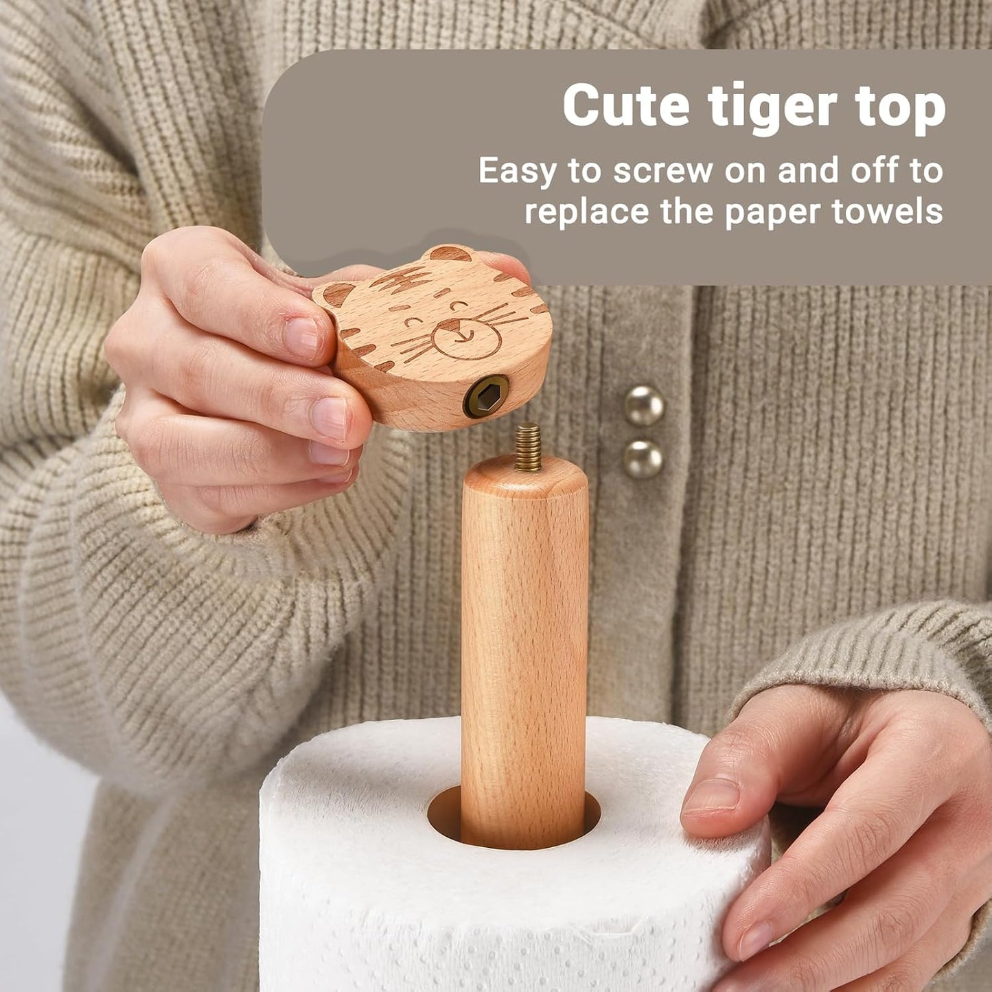 Paper Towel Holder, Cute Tiger Wooden Kitchen Roll Stand Organizer Countertop Free Standing, Housewarming Gift New Home