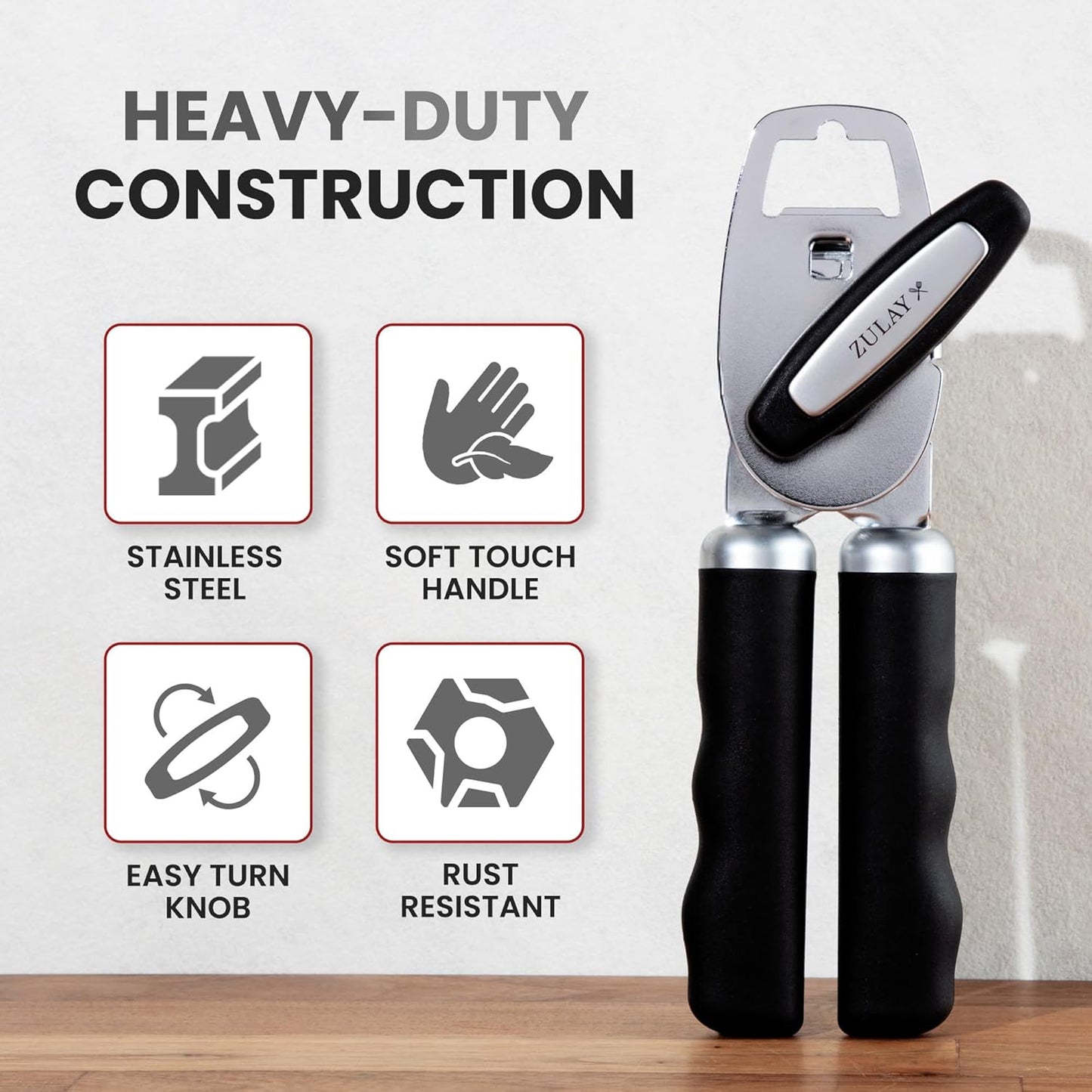 Zulay Kitchen Heavy Duty Stainless Steel Can Opener Manual with Bottle Opener - Rust Proof Manual Can Opener With Turn Knob & Comfy Soft Grip Handles - Black