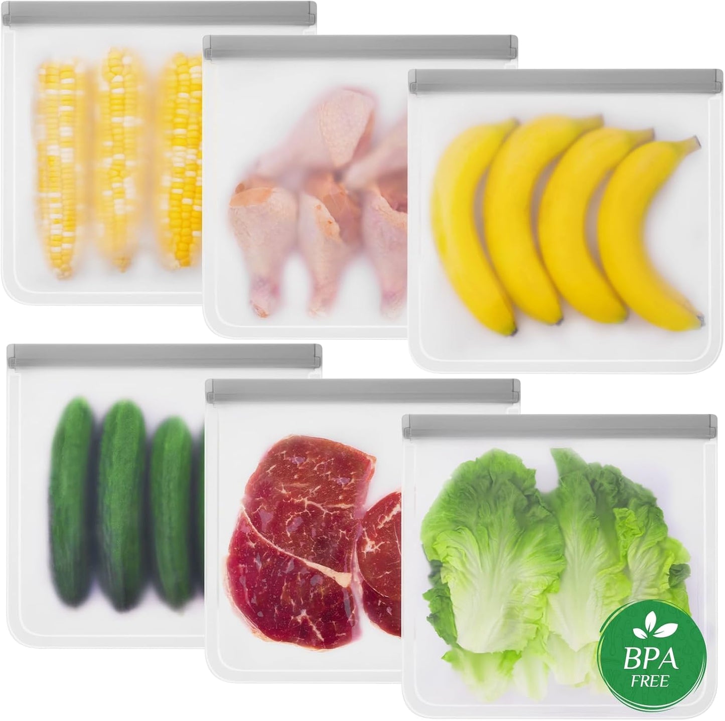 Reusable Freezer Bags - 6 Pack Gallon Bags BPA Free, Leakproof, Extra Thick | Food Storage Bags for Freezer, Meal Prep, Travel, Kitchen, Salad & Marinate