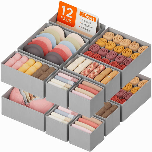 Lifewit Underwear Drawer Organizer for Closet 12 Pack, 3 Sizes Dresser Organizer Dividers, Deep Fabric Foldable Drawer Storage Organizer Bins for Clothes, Sock, Bra, Lingerie, Undies