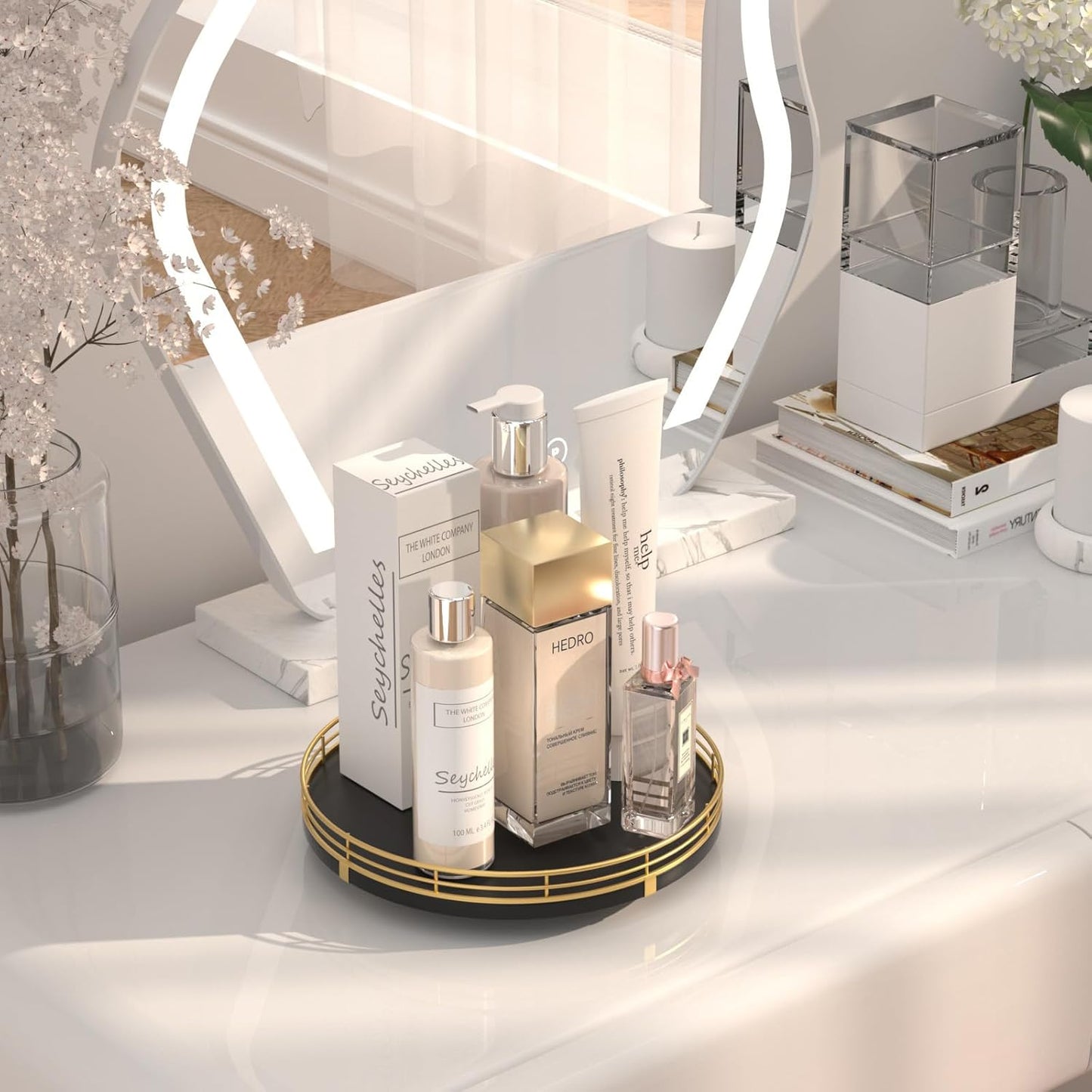 9" Oak Wood Bathroom Tray for Counter, Vanity Tray for Perfume Lotion Candle Makeup Jewelry Sink Soap Holder Turntable Dresser Organizer Countertop Coffee Table Decor Organization and Storage Gold