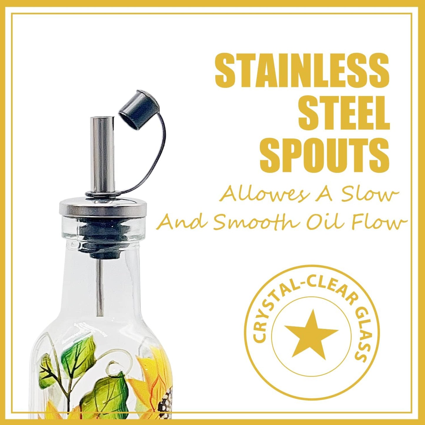 7oz Hand Painted Glass Olive Oil Bottle Dispenser - 200ml Green Oil & Vinegar Cruet with Pourers - Olive Oil Carafe Decanter for Kitchen (Sunflower)