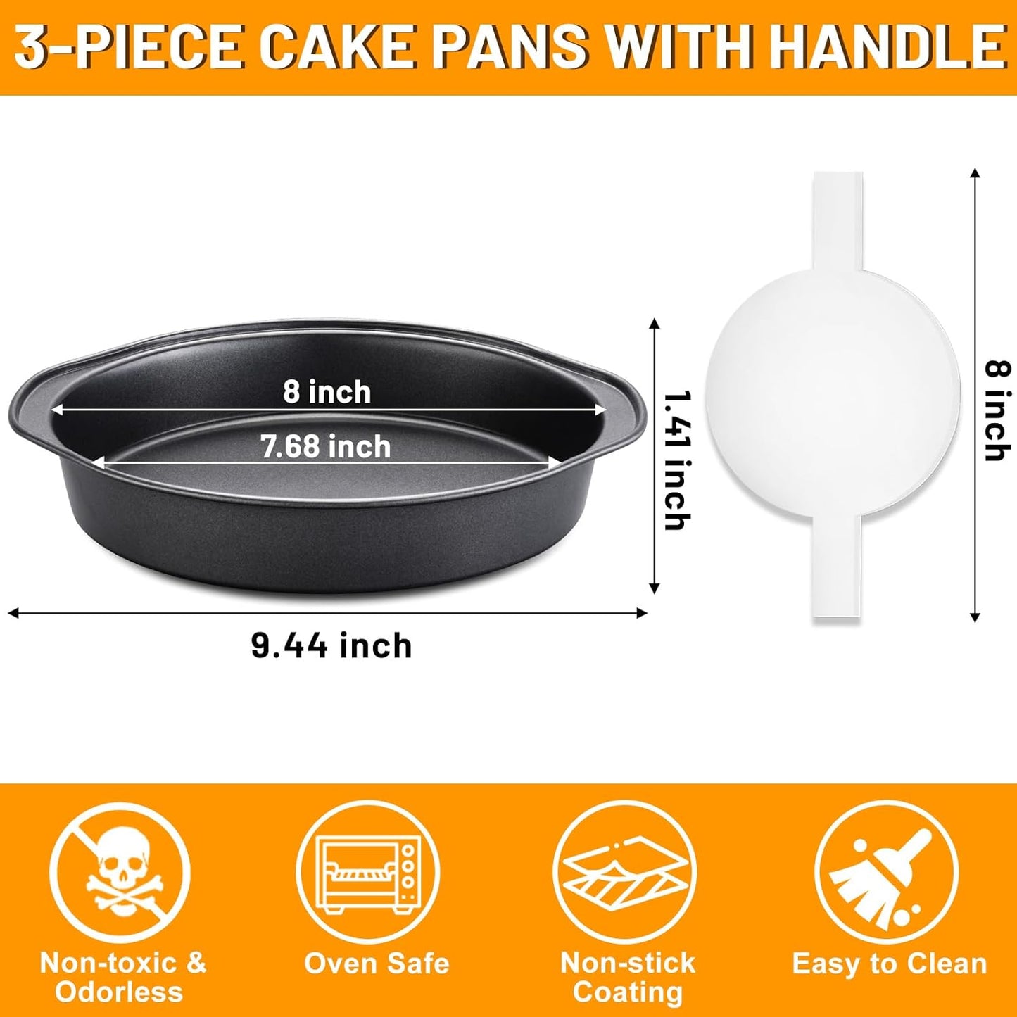 8 Inch Cake Pan - 3PCS Carbon Steel Round Cake Pans with 100 Pieces Parchment Paper, Non-stick & Easy Demolding, Non-toxic & Healthy