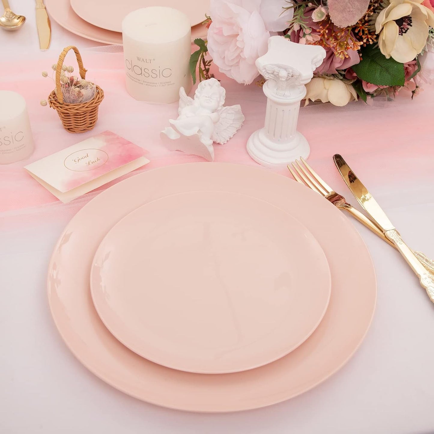 KIRE 60PCS Pink Plastic Plates Disposable - Heavy Duty Pink Plates for Party - Include 30Pieces 10.25inch for Dinner and 30Pieces 7.5inch for Dessert Salad