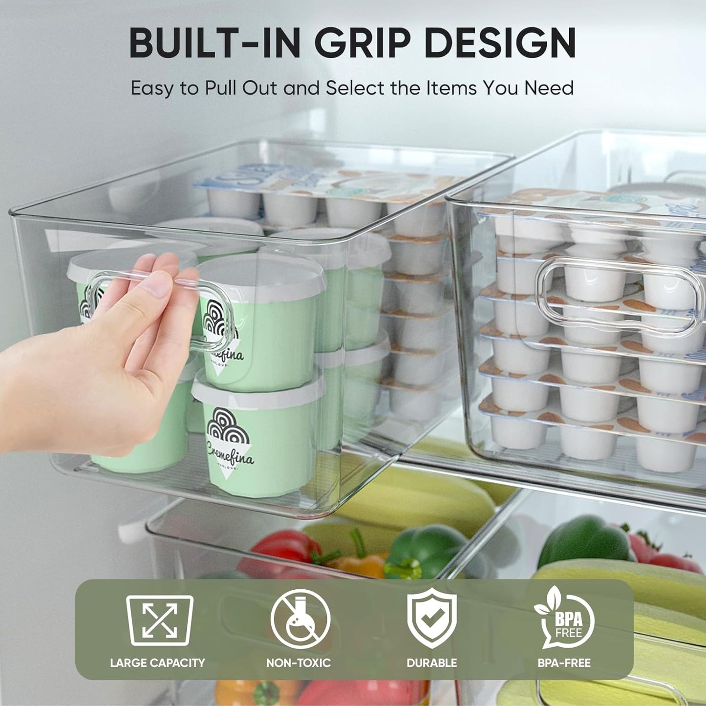 BALEINE Clear Plastic Storage Bins, Pantry Organization, BPA Free Stackable Refrigerator Organizers and Storage with Handles for Kitchen Fridge Cabinet Bathroom (8PK, 9.5x5.5x4.5)