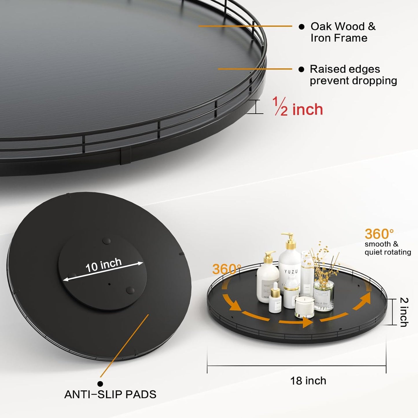 18" Oak Wooden Lazy Susan Turntable for Dining Table, Large Round Lazy Susans Organizer for Kitchen Countertop, Tabletop 360°Rotating Tray for Spice Organization and Storage Black Home Decor