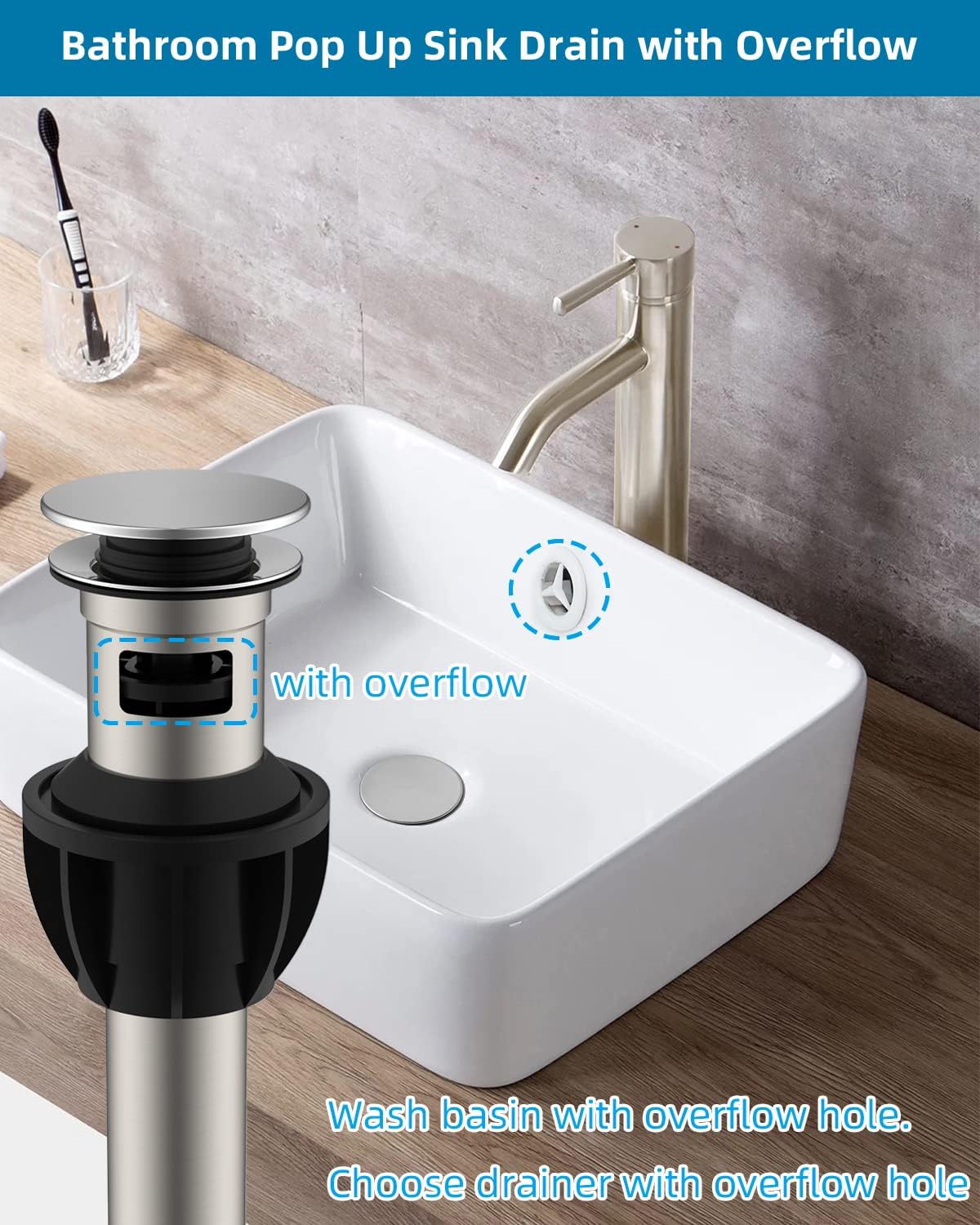 Hibbent 2 Pack Metal Bathroom Sink Drain with Overflow, Pop Up Detachable Stopper, Stainless Steel Vessel Lavatory Vanity Sink Strainer, Anti-Clogging Design, Chrome