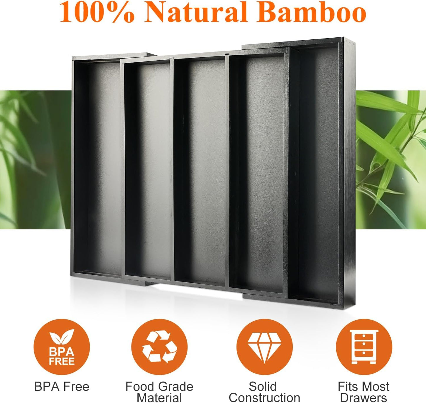 Expandable Large Kitchen Utensil Drawer Organizer Storage Black Bamboo Silverware Organizers Tray Divider Adjustable Spoon Flatware Organizer Wood Cutlery Tray Cooking Utensils Tool Holder Drawer