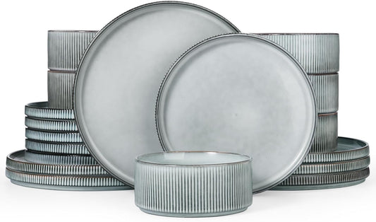 Famiware Star Plates and Bowls Sets, Modern Stoneware Dinnerware Sets for 6, 18-Piece Kitchen Dish Set - Chip and Scratch Resistant, Microwave and Dishwasher Safe Tableware, Smoky Blue