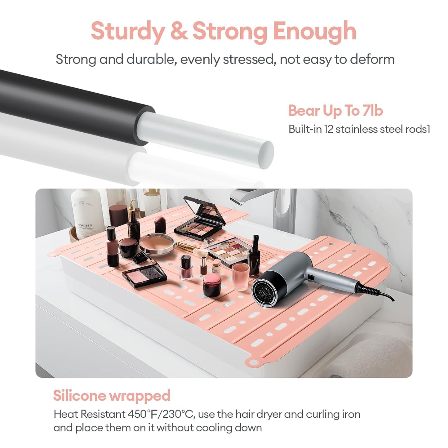 IeBilif Sink Cover for Counter Space, Foldable Bathroom Sink Covers with Hanging Loop, Makeup Organizer Mat Space Saver, Silicone Makeup Brush Cleaner Mat for Bathroom(Pink)