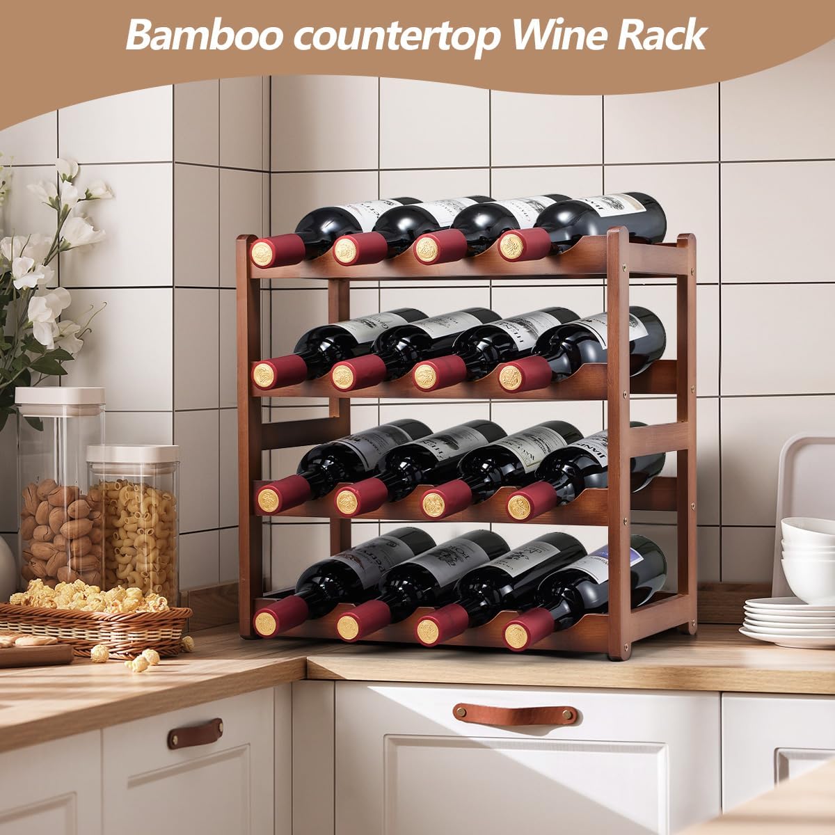Bamboo Wine Rack,4 Tier, Wine Bottle Holder, Hold 16 Bottles for Home Kitchen, Dinging Room, Pantry, Cabinet, Bar