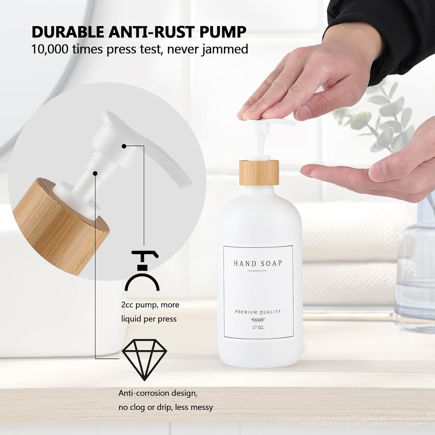 White Glass Soap Dispenser - Hand Dish Soap Dispenser Set for Kitchen, Bathroom with Sturdy Pump and Tray, 14 Waterproof Labels,Refillable Soap Lotion Dispenser-White