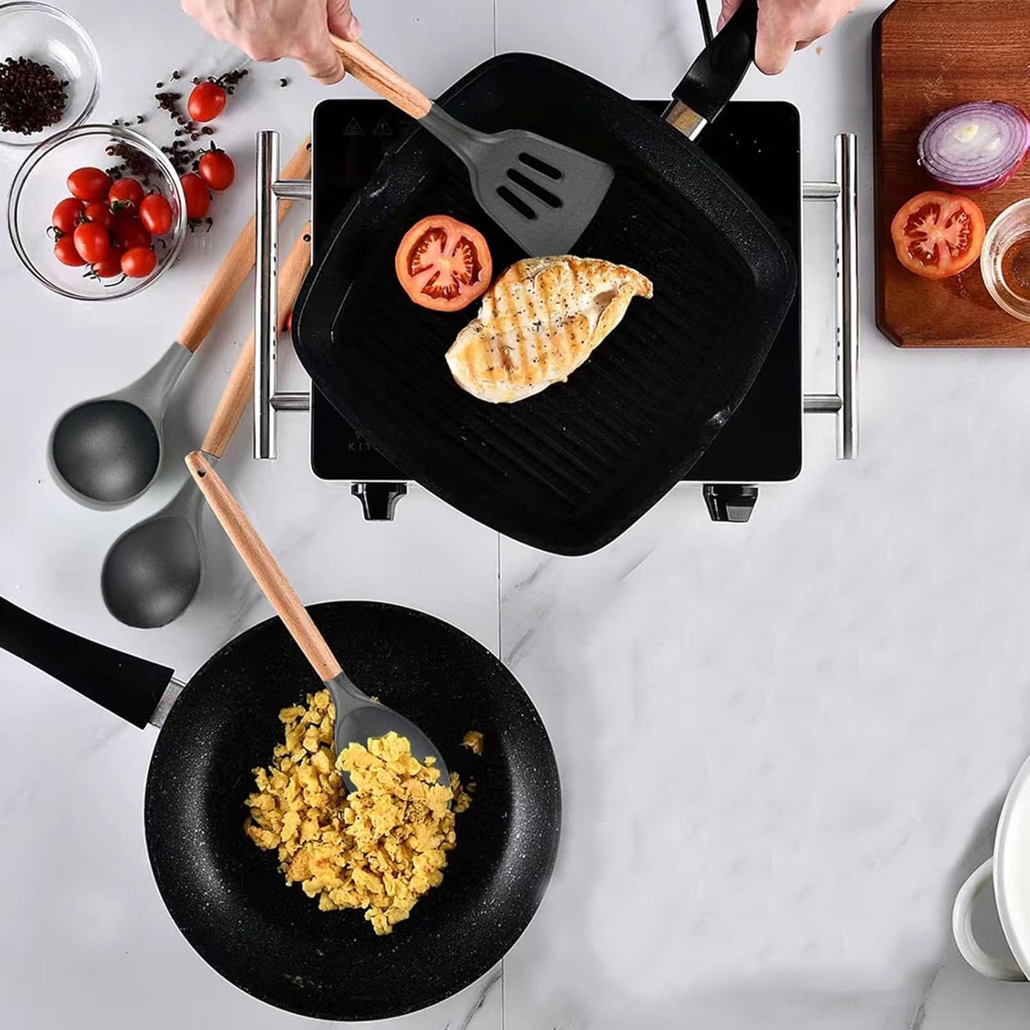 Non-Stick Silicone Cooking Utensils Set, 5 Pcs with Wooden Handle, Heat Resistant Silicone Kitchen Gadgets (Gray)