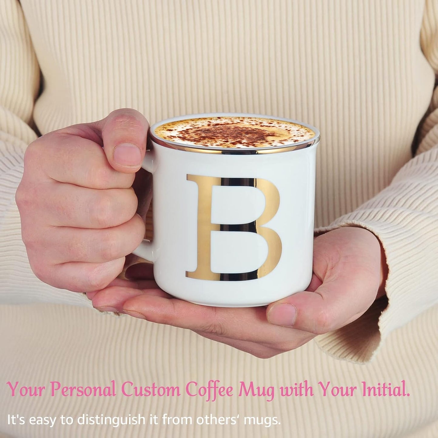 Miicol Ceramic Coffee Mug 16 oz, Monogram Coffee Cup, Golden Initial Tea Mug, Personalized Tea Cup, Unique Gift, Large Mug for Home, Office, Letter B