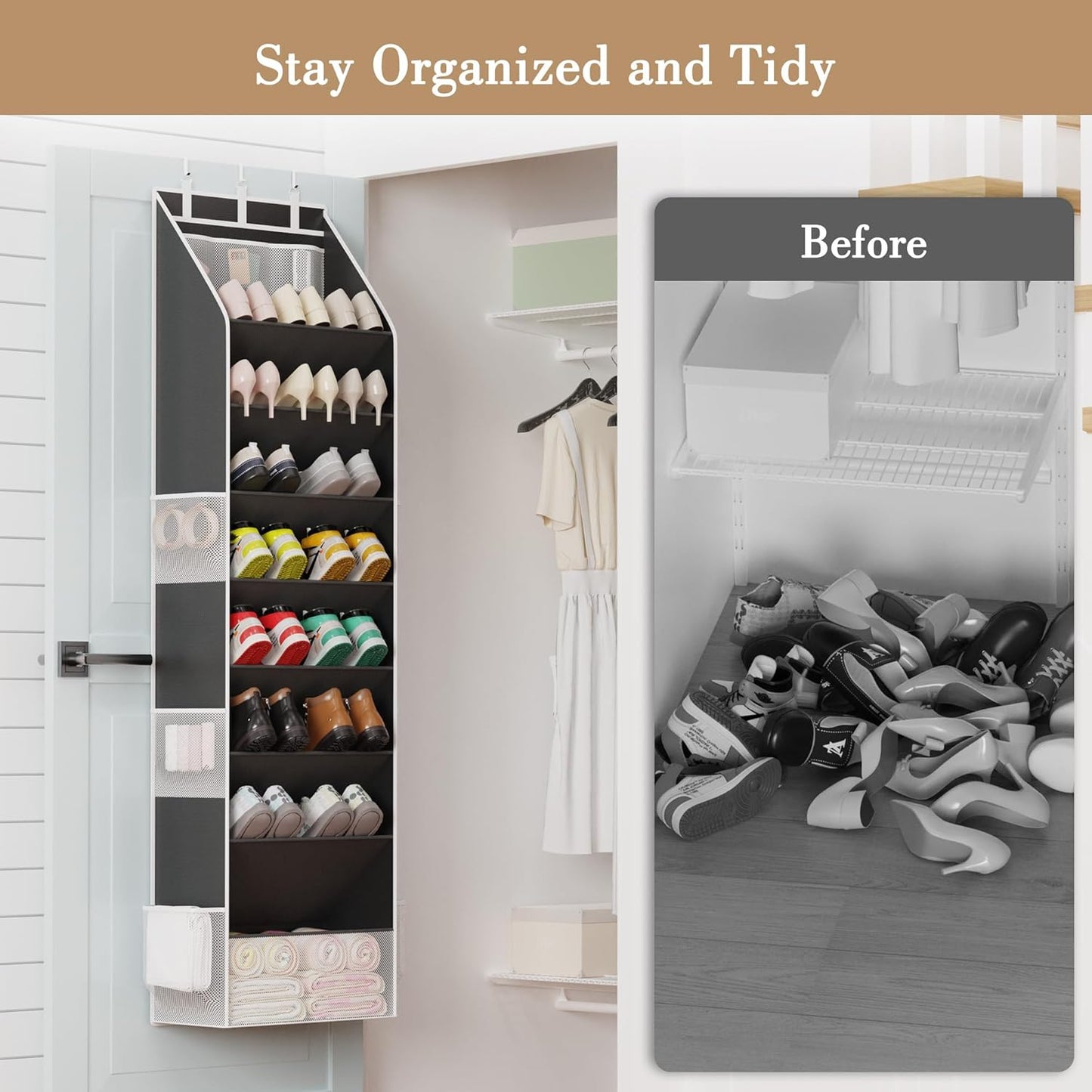 Criusia Shoe Organizer, Over the Door Shoe Organizer for Closet, Hanging Closet Shoe Storage with Large Deep Pockets, Holds Sneakers, Sandals, Boots, Fits 16–24 Pairs, Black