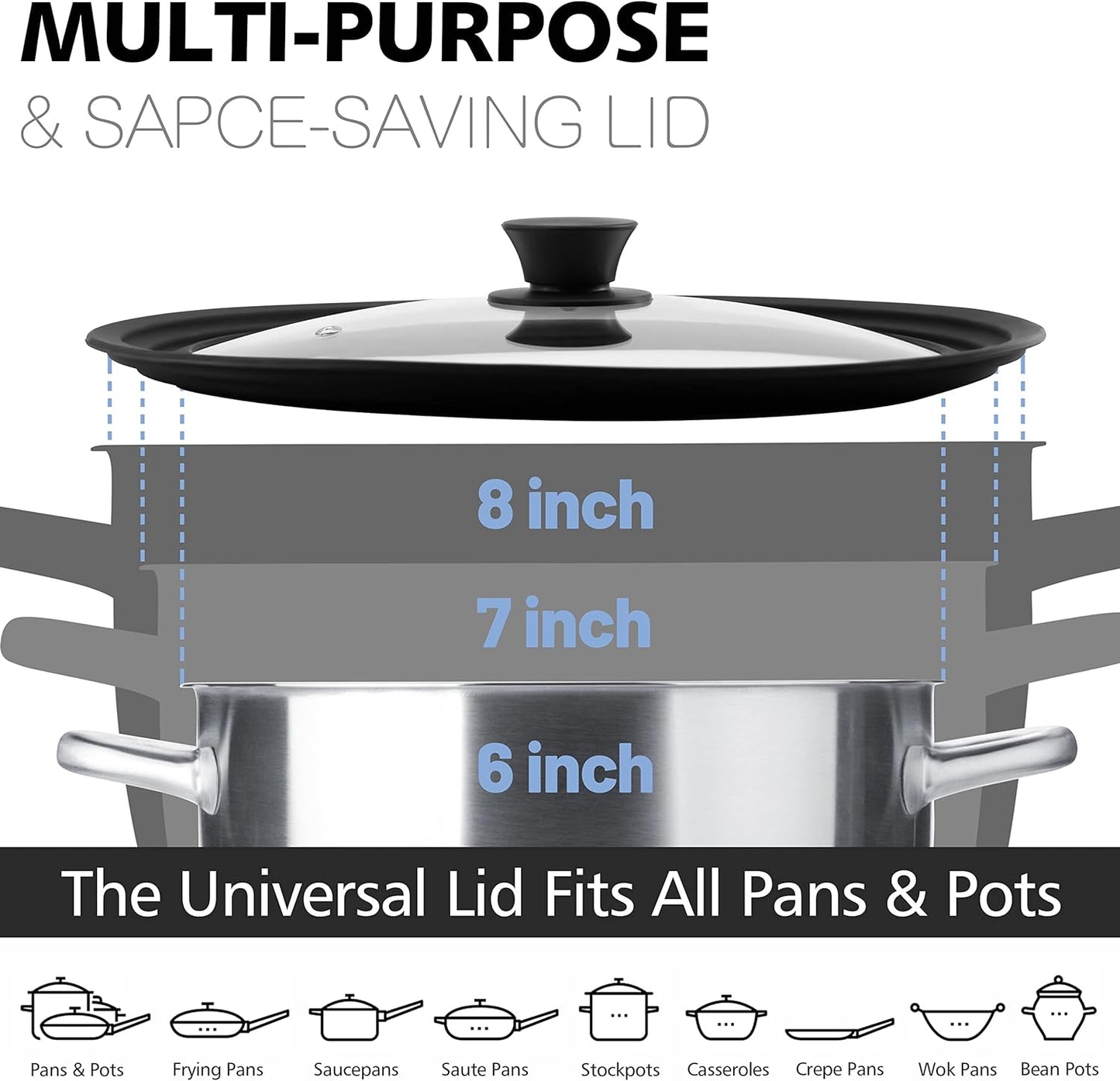 Anaeat Silicone Universal Lid for Pots, Pans and Skillets - Tempered Glass Covered with Heat Resistant Silicone Rim Fits 6", 7" and 8" Diameter Cookware -Easy to Use Replacement Frying Pan Cover