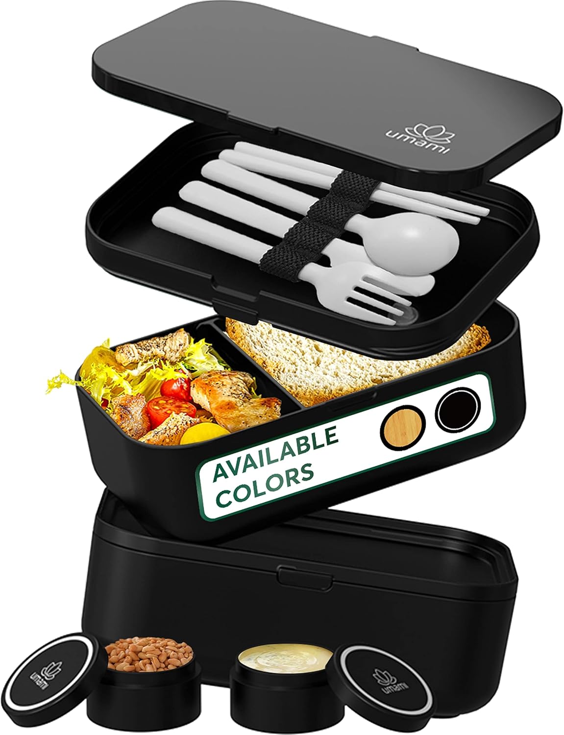Umami Bento Box Adult All-In-1 w/4 Utensils, 2 Sauce Jars 2 Dividers,100% Leakproof, Microwave & Dishwasher Safe Stackable Bento Lunch Box Containers for Men/Women, Black, 68 oz