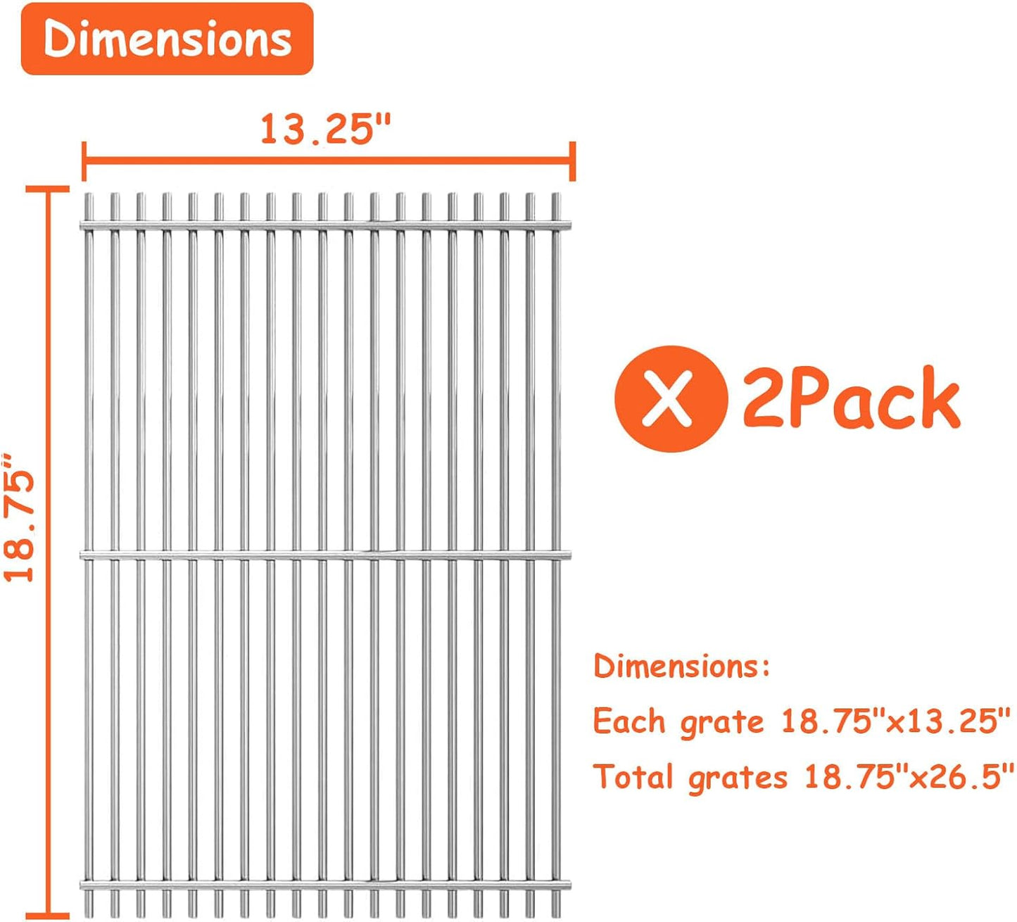 18.75" Stainless Steel Cooking Grate for Weber Genesis II 300 and Genesis II LX 300 Series Gas Grills, Genesis ll LX E/S-340, Genesis ll S-310, Genesis ll 310/335, Replacement Parts for Weber 66095