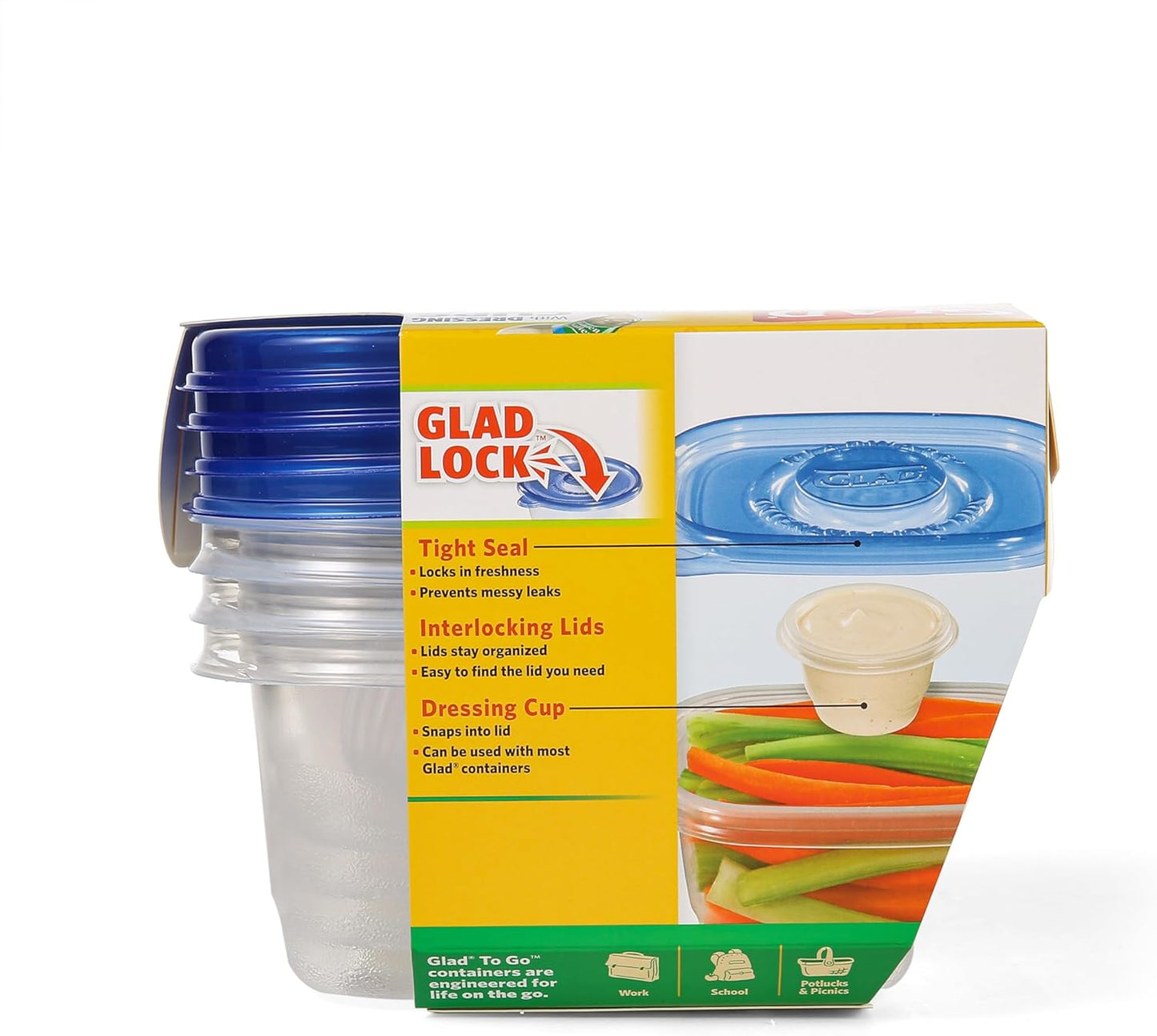 Glad GladWare To Go Snack Food Storage Containers - Medium Round - Meal Container Holds up to 24 Ounces of Food - Lock Tight Seal, 4 Count