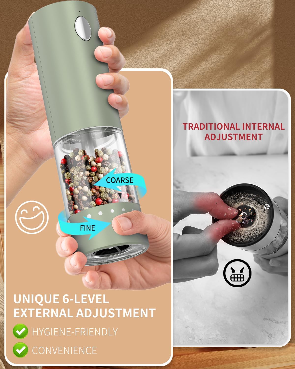 CIRCLE JOY Electric Salt and Pepper Grinder Set Rechargeable Salt and Pepper Mills with Storage Base, Adjustable Coarseness and LED White Light, Washable 95ml Container, Green