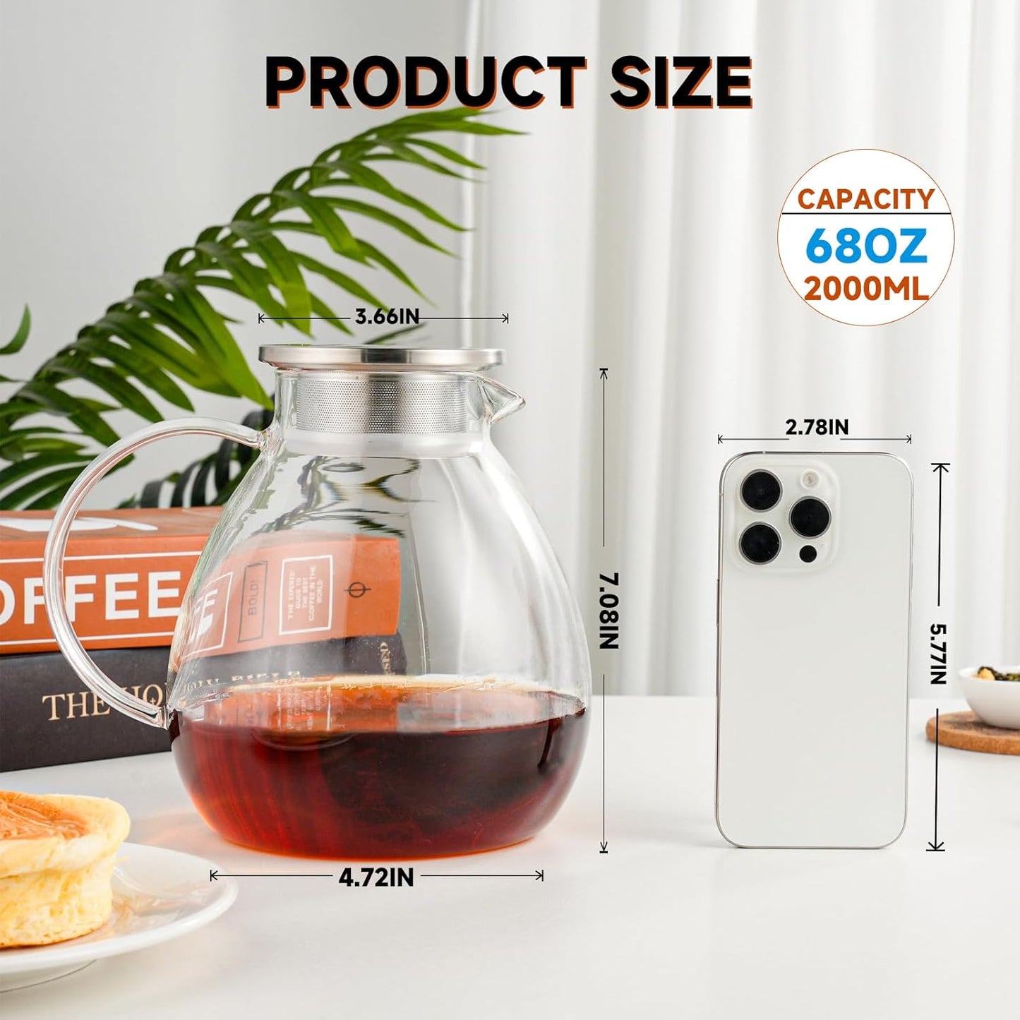 68OZ/2000ML One Touch Glass Teapot with Stainless Steel Filter Lid, Stovetop & Microwave Safe Tea Maker Water Kettle, Strainer & Cover 2 in 1 Loose Leaf Tea Steeper Pot Coffee Carafe