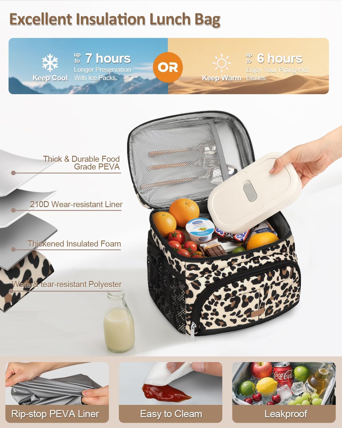 Lunch Box for Man Women, Insulated Lunch Bag Cooler Bag Leakproof Lunchbox Lunch Tote Bags with Removable Strap for Work School Picnic Travel (Leopard/12L