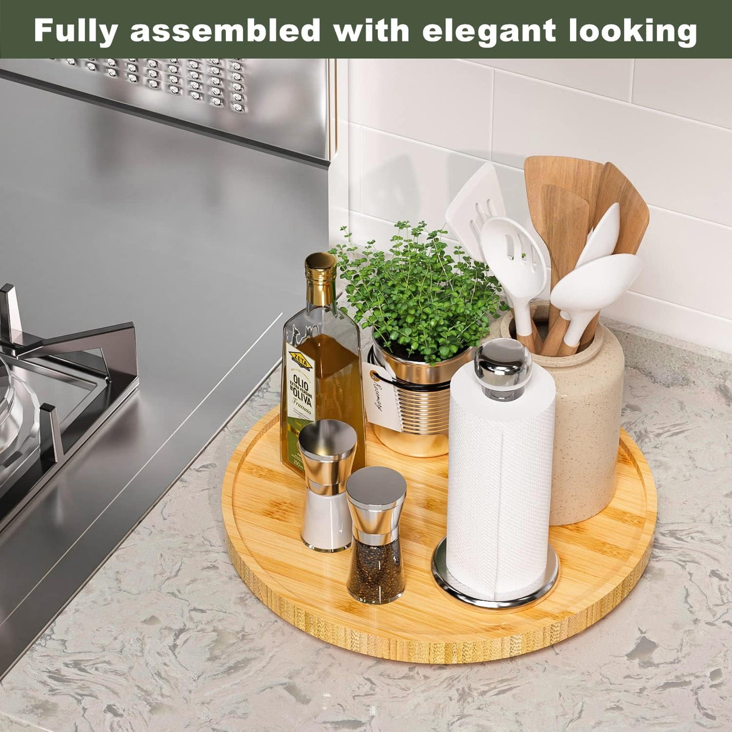 Lazy Susan Organizer, 13.2 Inch Non-Skid Bamboo Lazy Susan for Kitchen Table cabinets Closets and Kitchen Islands, Wood Turntable for Kitchen Countertop Organizer