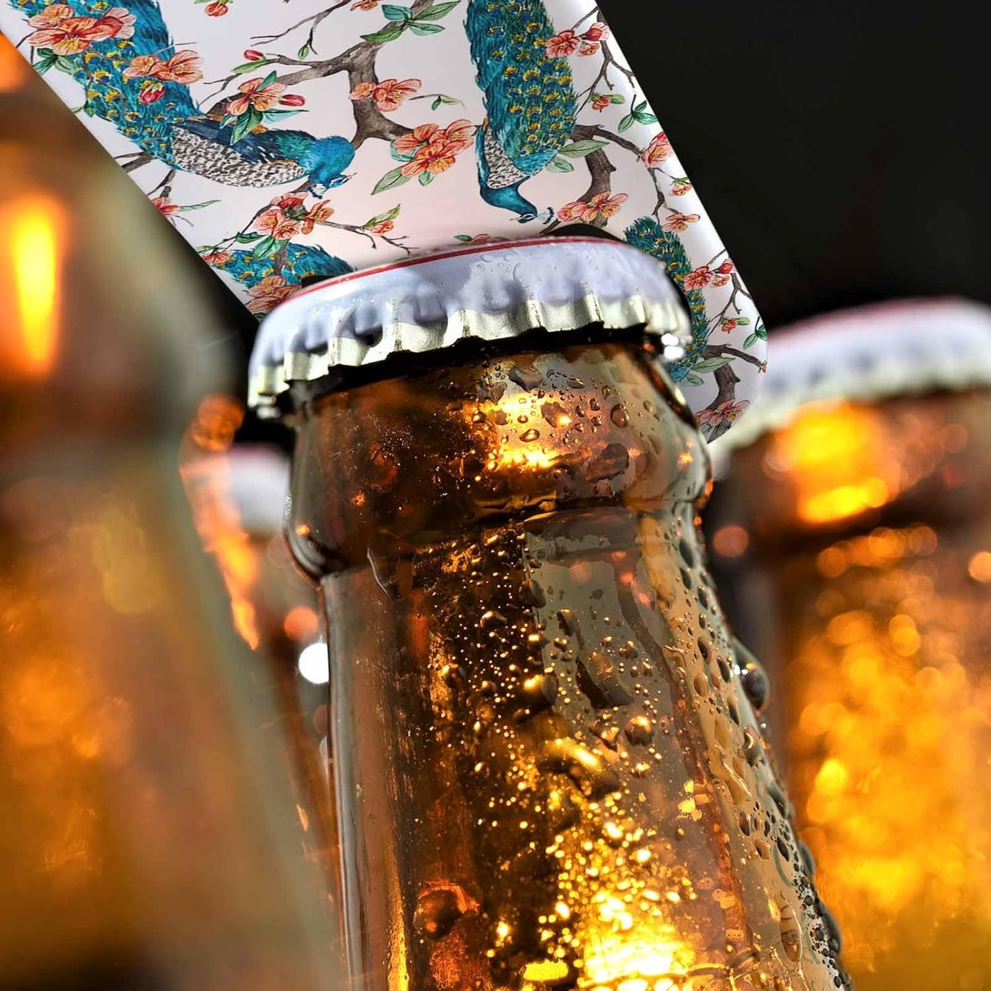 Watercolor Peacock Stainless Steel Bottle Opener Flowering Cherry Trees Art Bird Feather Pattern Exotic Flat Beer Bottle Opener Keychain for Home Kitchen Bar Restaurant Party Birthday Gift