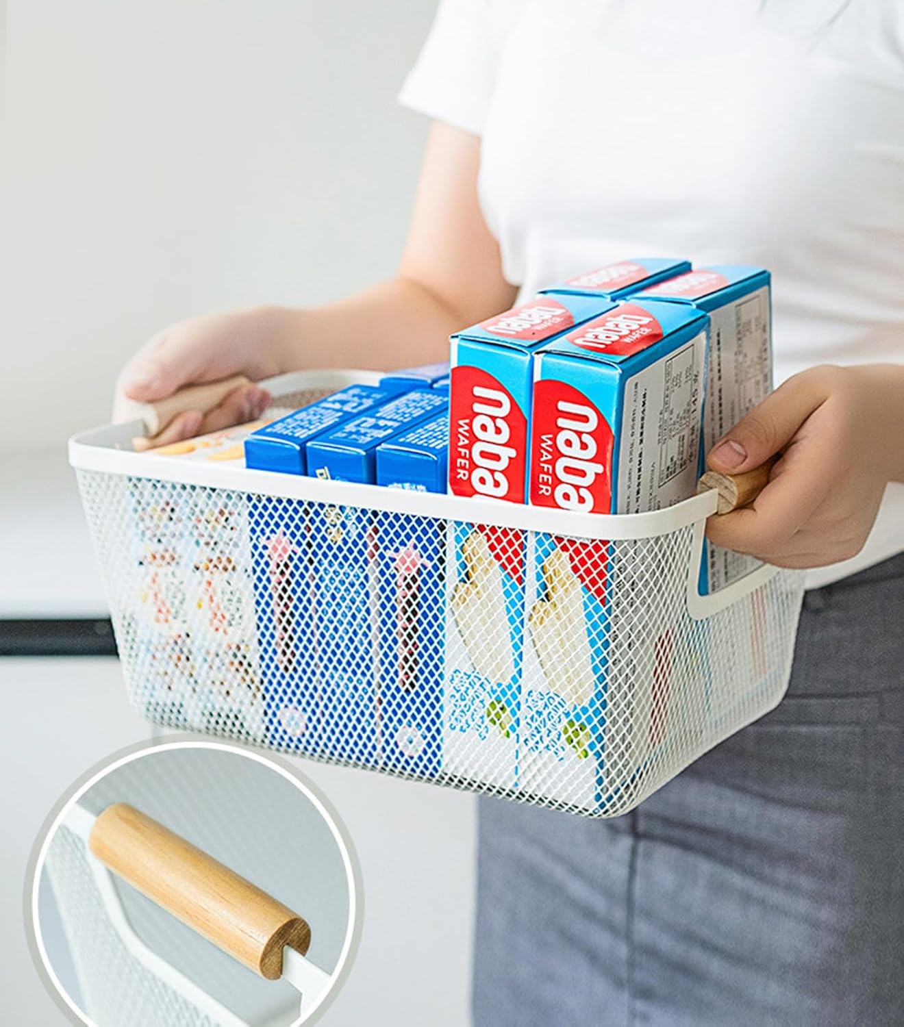 Metal Mesh Steel Basket, Large Wire Storage Organizer Basket Multi-function Hanging Kitchen Baskets with Wood Handle for Kitchen Bathroom Picnic Home, Rectangle-Off White