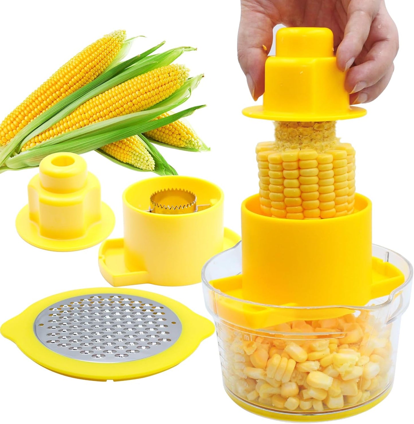 Corn Cob Stripper and Peeler Tool with Bowl, Multifunction Quick Corn Kernel Cutter Set with Grinder, Fast Kernel Peeler for Corn on The Cob, Non-Slip Base for Kitchen