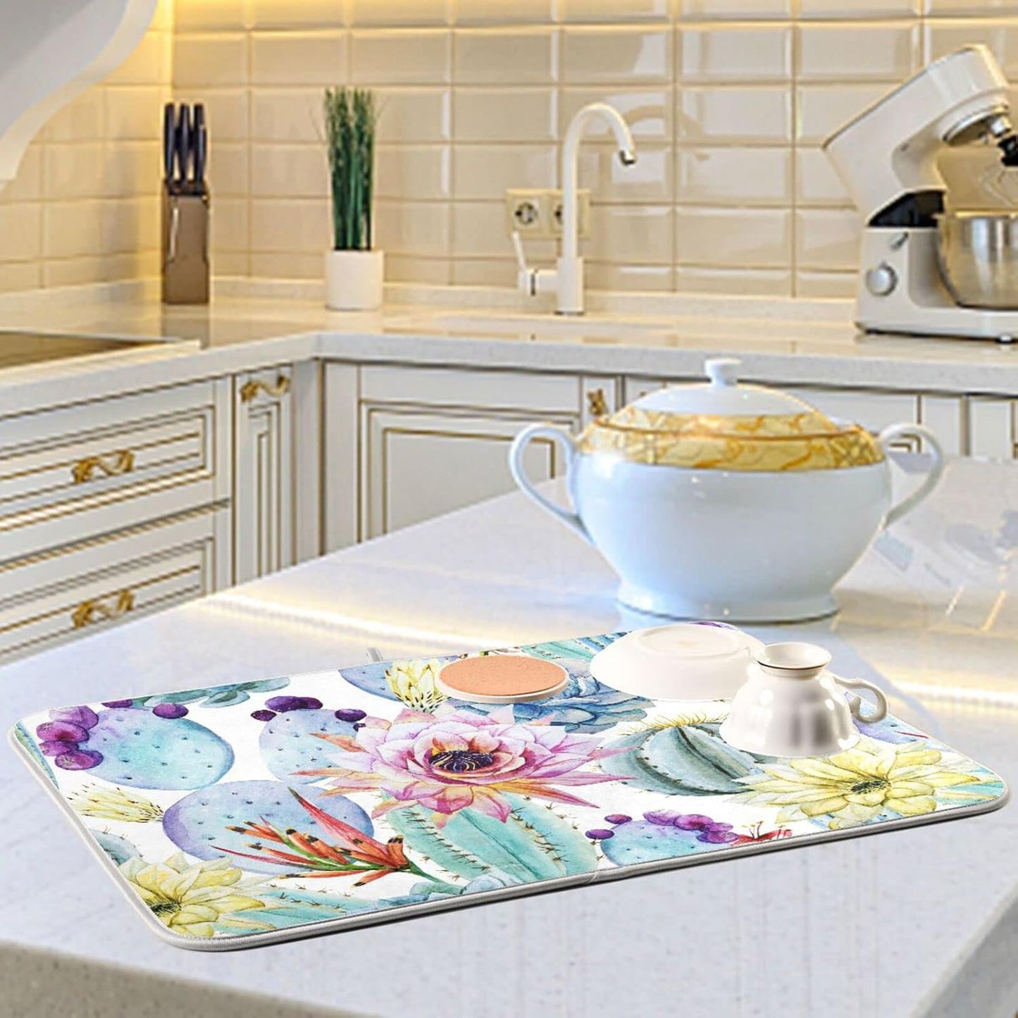 Cactus Succulent Plant Dish Drying Mat for Kitchen Counter Absorbent Microfiber Drying Pad, Medium 16x18 in, Reversible Drainer Mats
