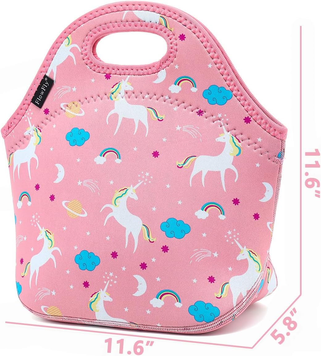 FlowFly Neoprene Lunch Tote Insulated Thermal Reusable Lunch Bag Box for Boys Men with Zipper,Unicorn