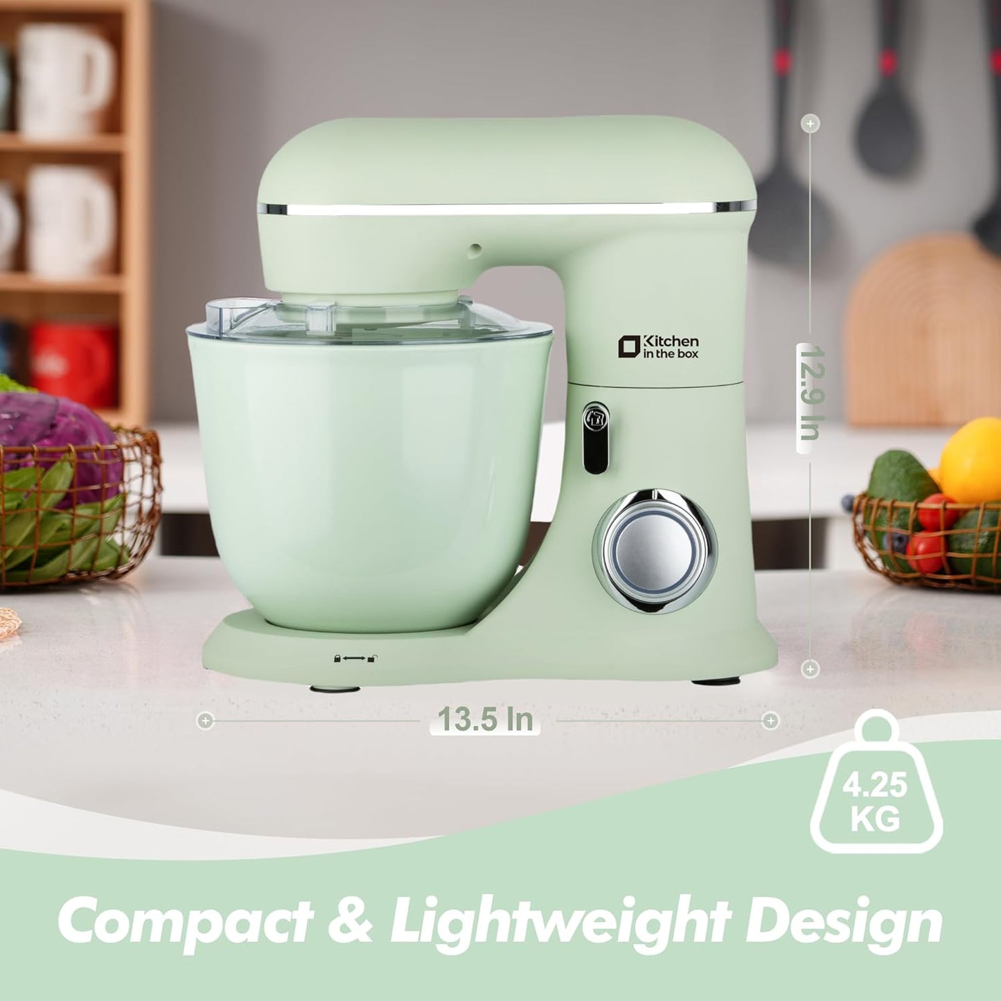 Kitchen in the box Stand Mixer, 4.5QT+5QT Two bowls Electric Food Mixer, 10 Speeds 3-IN-1 Kitchen Mixer for Daily Use with Egg Whisk,Dough Hook,Flat Beater (Pastel Green, 5QT)