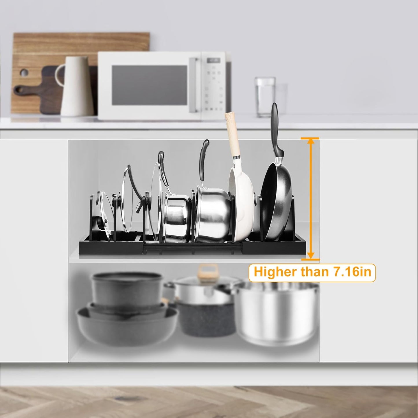 MinBoo Bamboo Expandable Pot Lid Organizer Pot Lid Holder, Pot and Pan Organizer Drawer Organizer for Pot Lids, Adjustable Dividers for Kitchen Cabinet Organizers and Storage,Black,Large