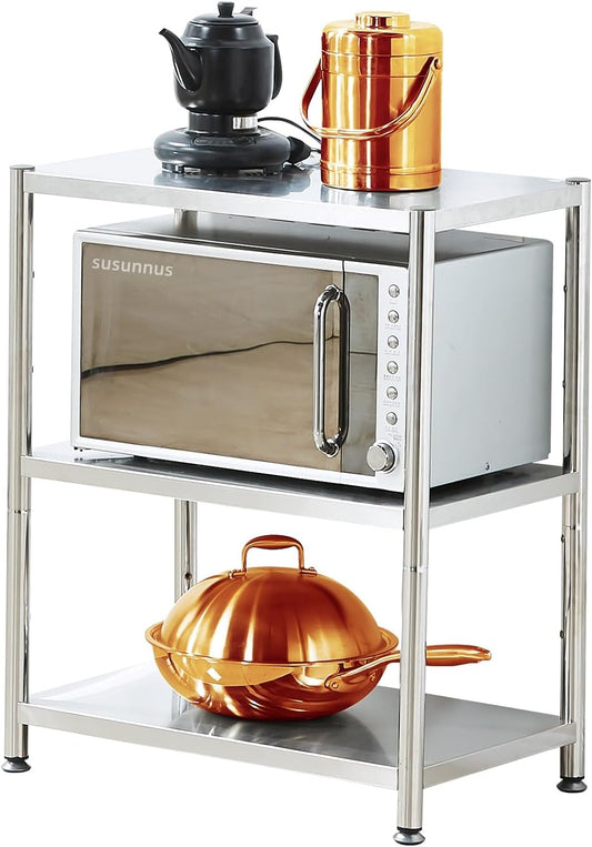 susunnus 3-Tier Stainless Steel Shelf, Heavy Duty Shelving for Kitchen, Garage, Industrial Storage, Kitchen Shelves Adjustable Feet, Easy to Clean(3T-24.8in*15.8in(Without guardrails))