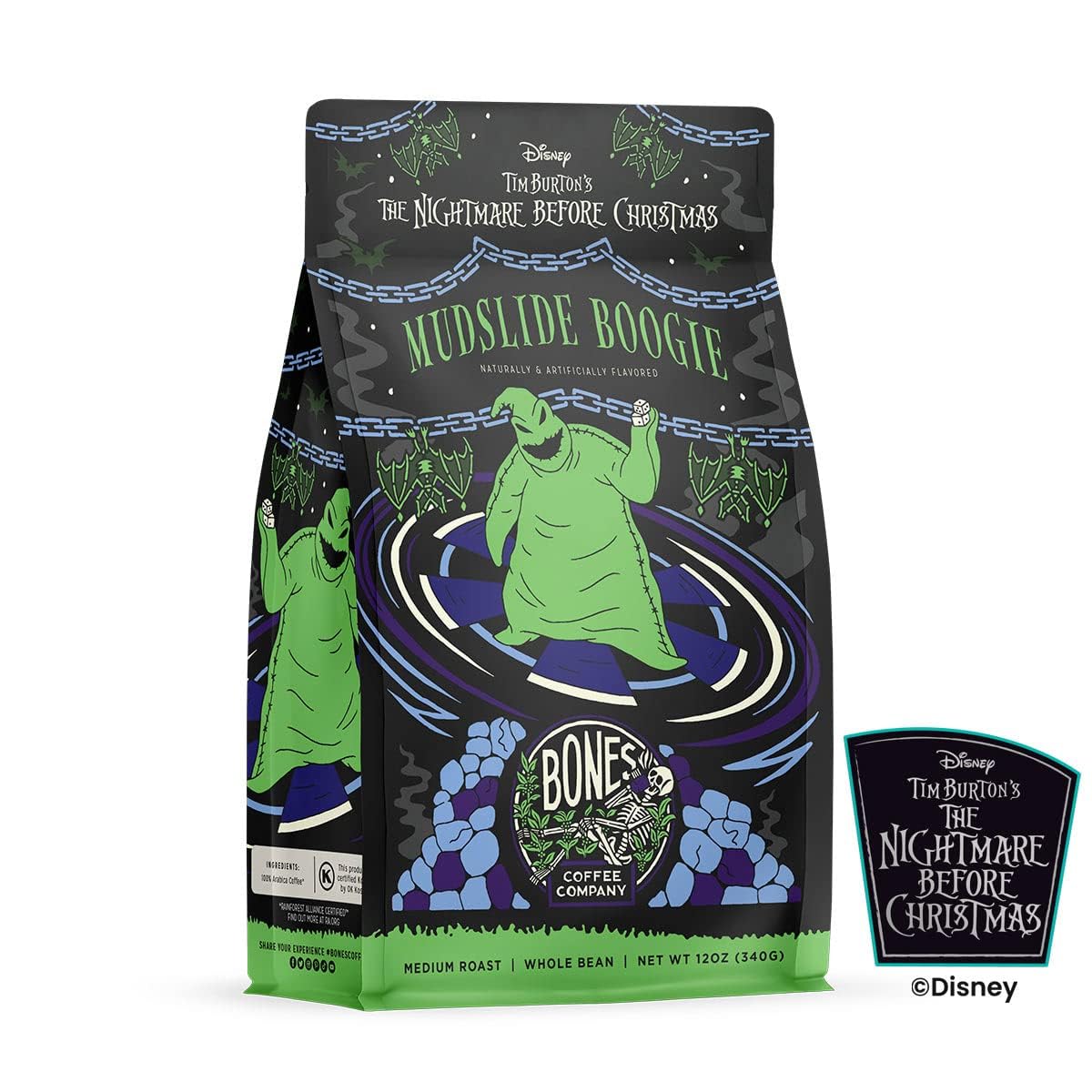 Bones Coffee Company The Nightmare Before Christmas Mudslide Boogie Flavored Coffee Beans, Medium Roast Ground Coffee Low Acid, Chocolate Mudslide Flavor (12 oz)