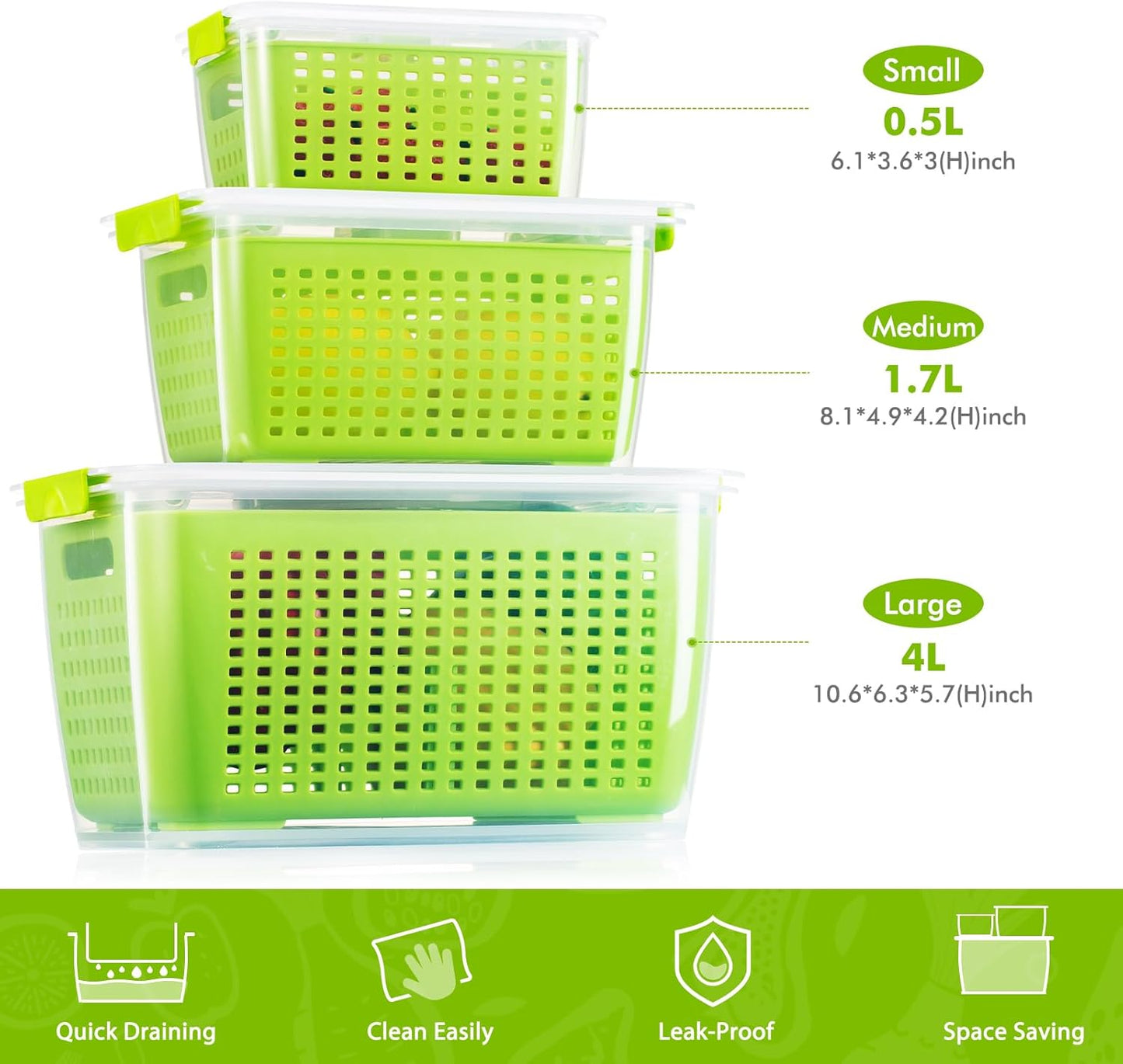 LUXEAR Produce containers for fridge,3 Set Fruit Containers with Removable Colander, BPA-Free Produce Saver Containers with Lids Dishwasher&Microwave Safe Keep Fruits, Vegetables, Berry, Fresh Longer