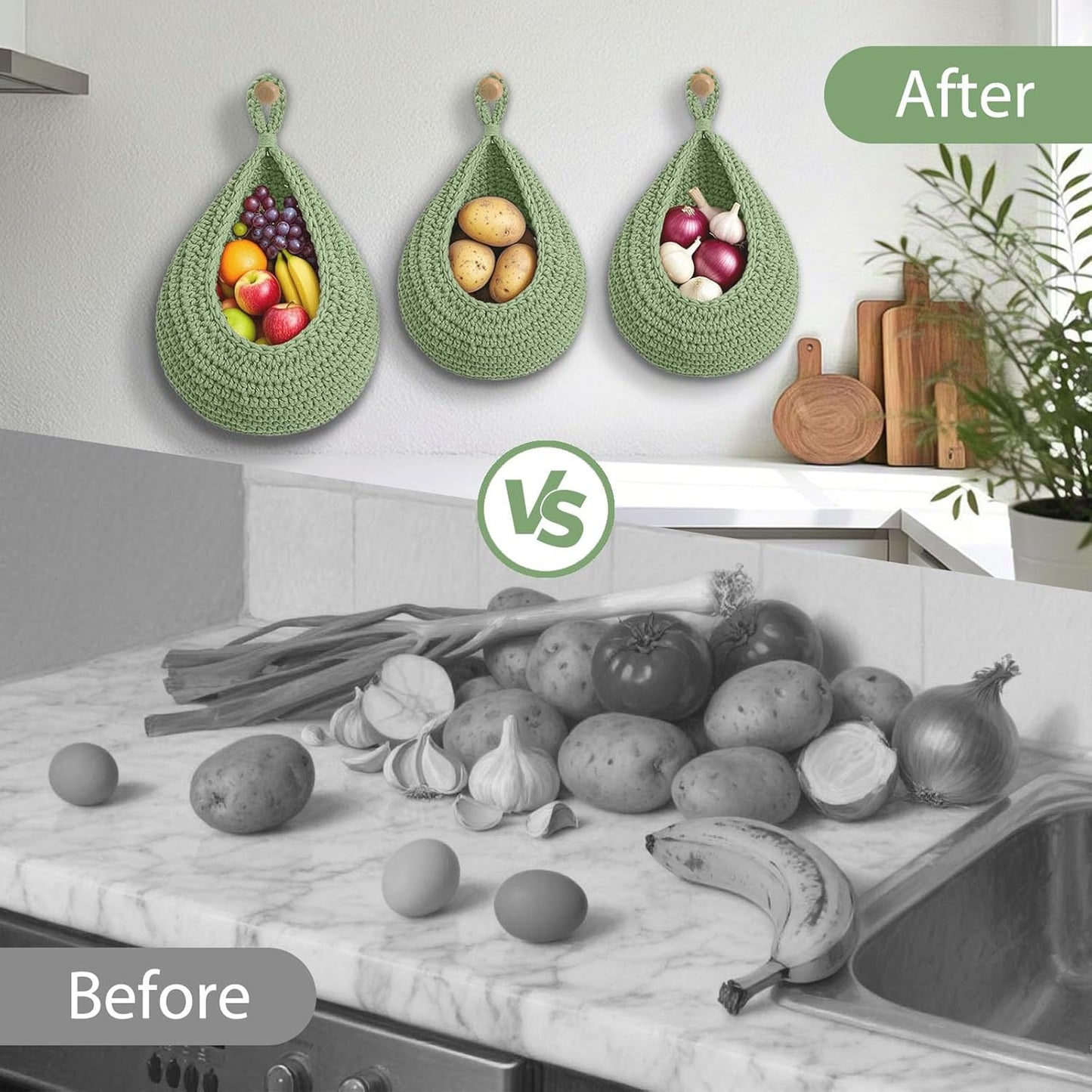 Hanging Fruit Baskets for Kitchen, 3 Pack Boho Cotton Rope Handwoven Vegetable Storage Wall Mounted Large Organizing Basket for Farmhouse Decor, Onion, Potato, Garlic and Plants (Green)