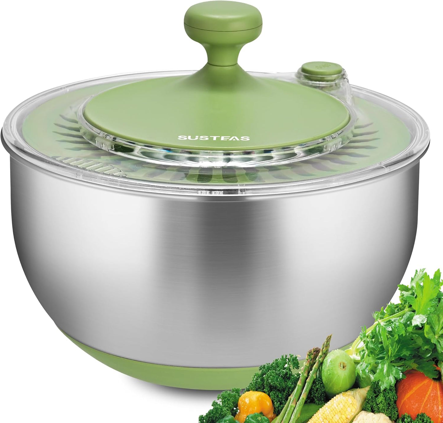 SUSTEAS Stainless Steel Salad Spinner, Lettuce Spinner with Non-Slip Base, Drainage Hole, Stop Button, Vegetable Dryer, Fruit Washer, BPA-Free, Dishwasher Safe, 4.25Qt