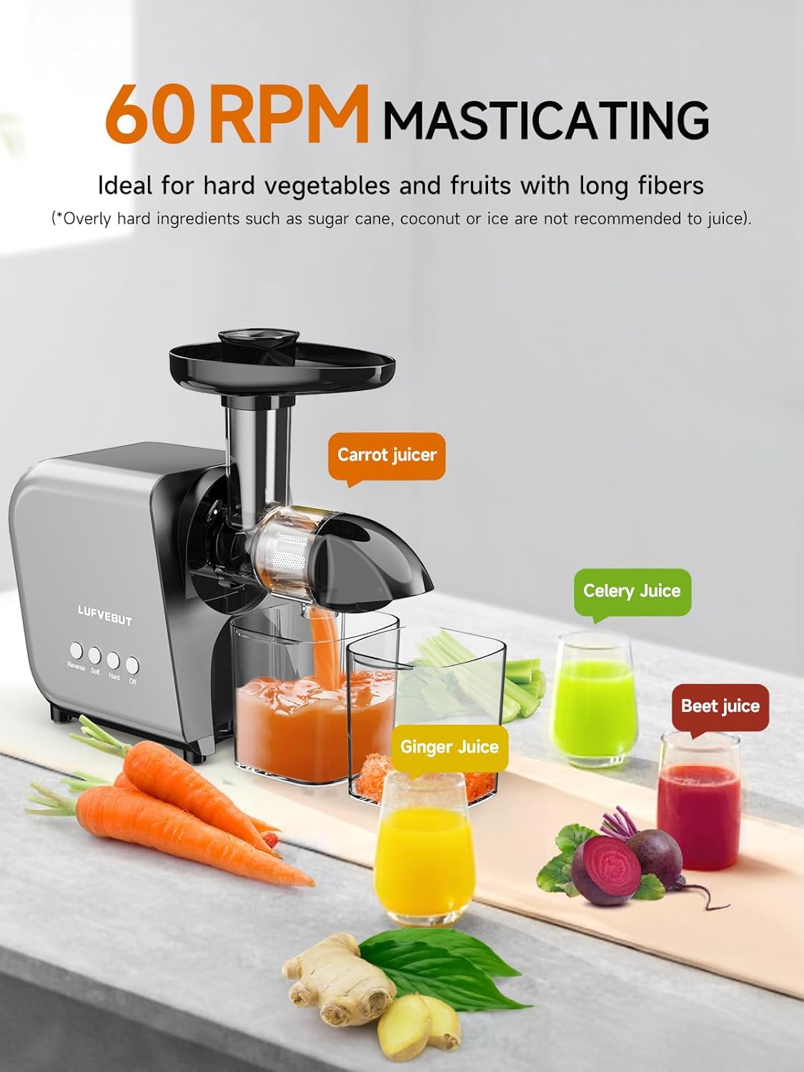 Masticating Slow Juicers for Leafy Greens Tomato Celery Carrot Wheatgrass, Cold Press Slow Juicer Machines Quiet Motor Easy Clean, Vegetable and Fruit Juice Extractor BPA-Free Dry Pulp Dishwasher Safe