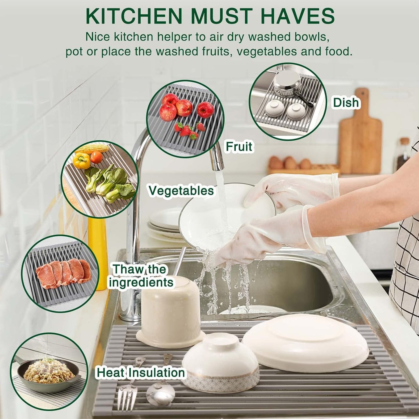 Roll Up Dish Drying Rack Over The Sink Kitchen Roll Up Sink Drying Rack Multipurpose Foldable Sink Drying Mat, Heat-Resistant, Anti-Slip & Anti-Rust Dish Rack for Kitchen, 20.5" x 13", Grey