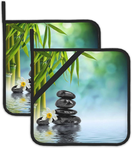 Zen Spa Pot Holder Set of 2,Green Flower Kitchen Heat Resistant Potholder for Women Men BBQ Cooking Baking