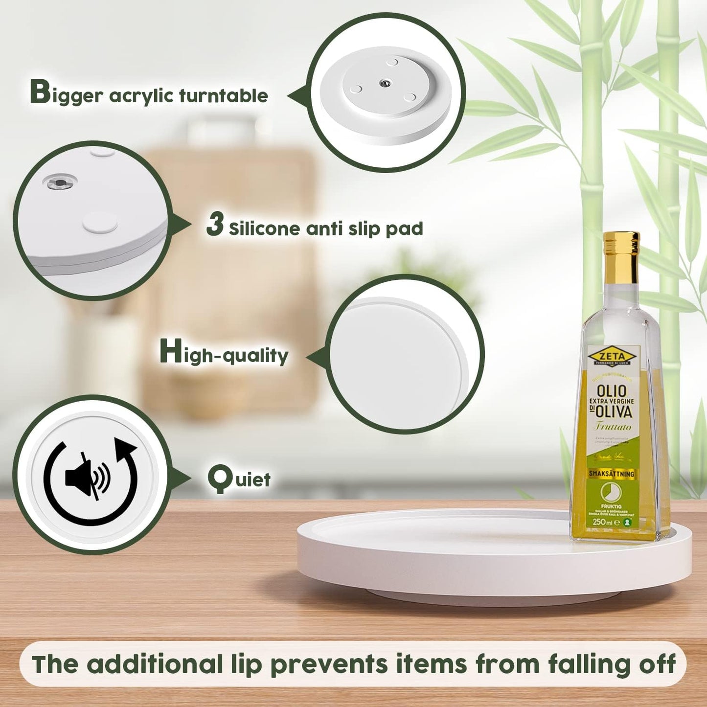 Turntable Vanity Tray 9 Inch for Perfume Candle, Bamboo Kitchen Sink Countertop Organizer for Keep Glass, Sponge and Soap Bathroom Countertop Organizer White